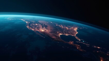 A breathtaking image of Earth from space, capturing the United States at night, with cities and towns glowing brightly, surrounded by the vast ocean and stars