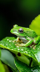 Obraz premium Vibrant green tree frog on a wet leaf