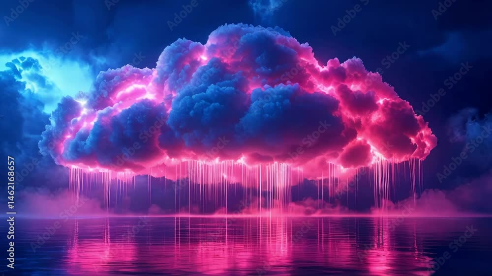 Poster a large cloud illuminated by neon pink light at the edges. thin luminous lines stretch down from the