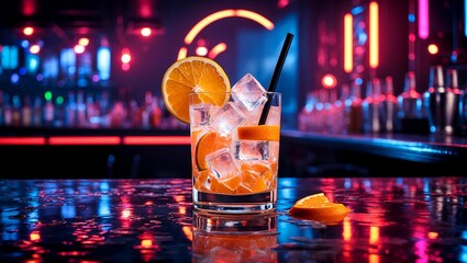 Vibrant cocktail glass on reflective bar surface