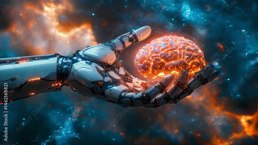 Aufkleber a robotic arm holds a glowing brain in the palm of its hand. the background is outer space with nebu