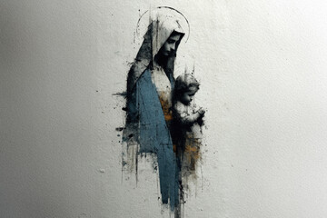 Watercolor artwork of Mary with child, blending into textured paper.

