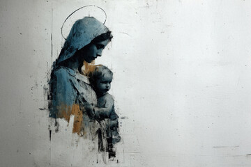 Sacred Christian painting of Mary and Jesus in a gentle embrace. Copy space.