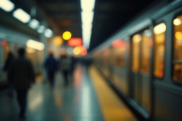 Fototapeta premium bustling train station background with blurred lights and motion, warm yellows and cool grays, dynamic and urban