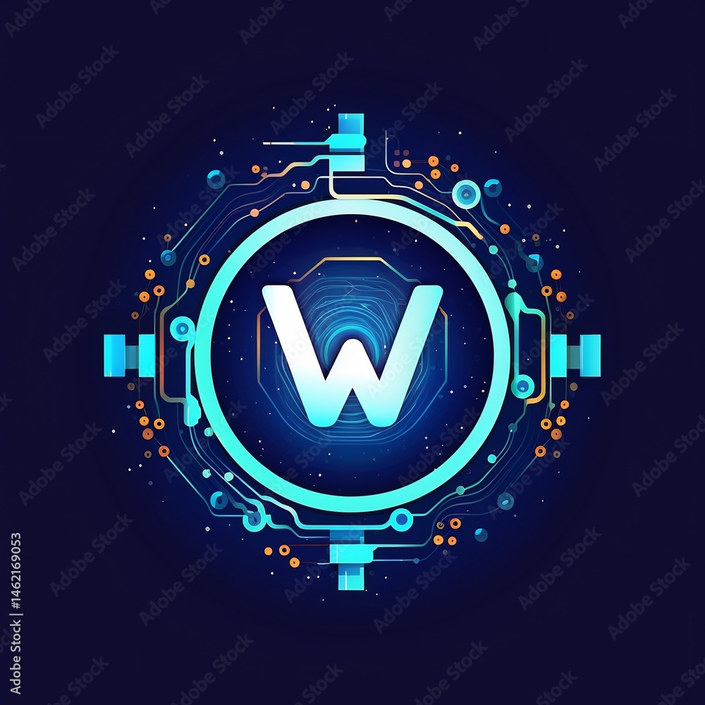 Aufkleber futuristic 'w' symbol illuminated by circular tech circuitry and light