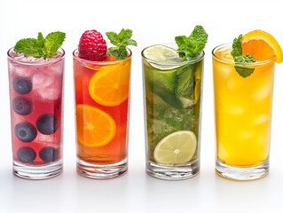 Four tall glasses filled with different refreshing fruit-infused iced drinks are arranged in row against a bright white background. Each drink is garnished with fresh mint and fruit slices or berries