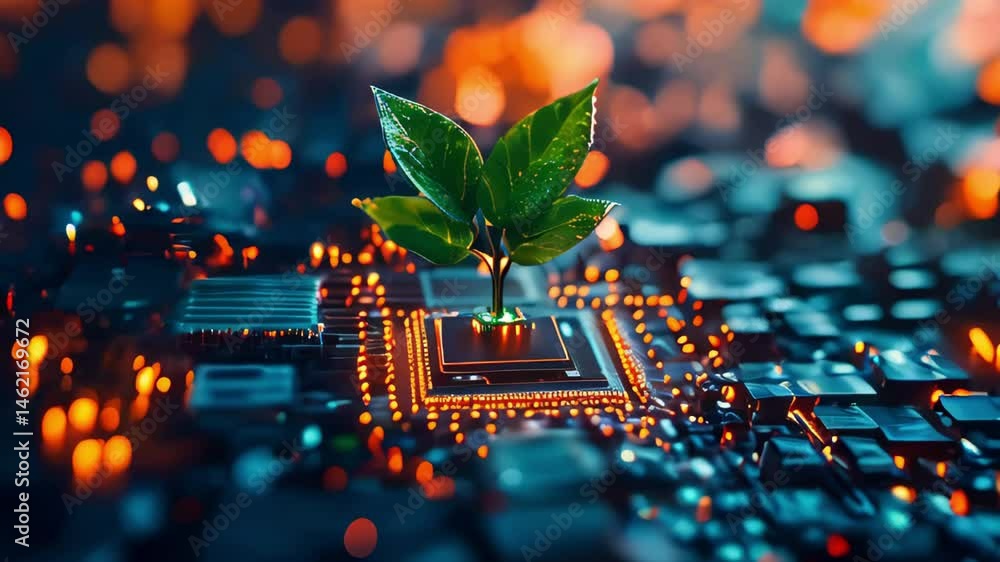 Poster a computer board with a green plant sprout growing from the processor. the board is illuminated with