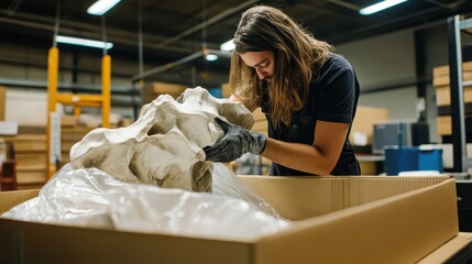 A female worker carefully handles a large, white sculpture inside a cardboard box.