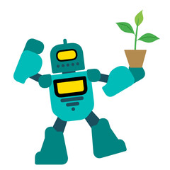 funny cartoon android with a plant, isolated on white background. eco friendly robot vector design with plant in his hand
