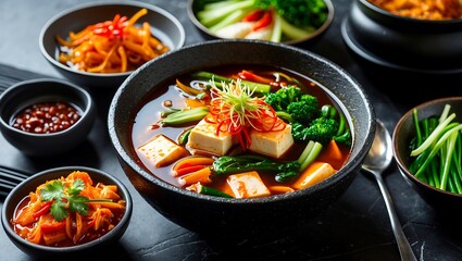 Vibrant korean kimchi soup with tofu and vegetables