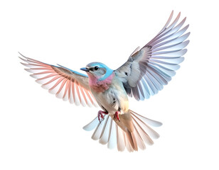 Obraz premium pastel colored bird flying with open wings in mid air isolated on white background 