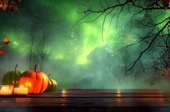 High-resolution 8K vector illustration and real photo of Halloween pumpkins placed on a wooden table. The scene features a green aurora sky background, Halloween decorations, glowing candles, and a sp