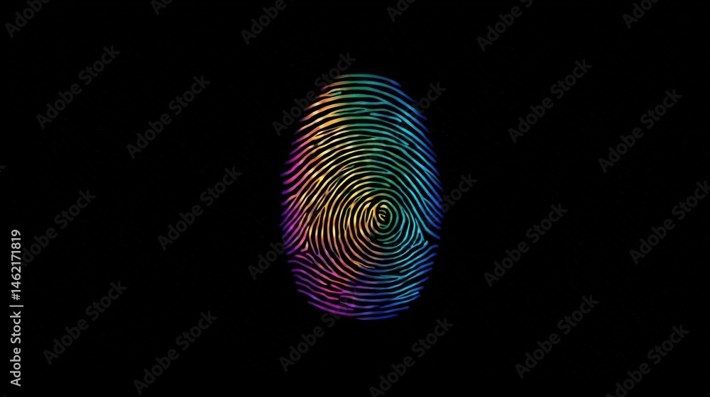 Poster a multicolored fingerprint pattern glows against a black background, symbolizing identity and securi