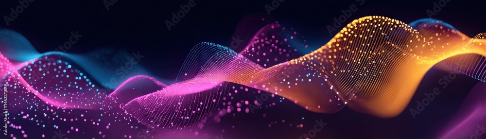 Poster colorful abstract waves of light and particles flow across a dark background, creating a vibrant, dy