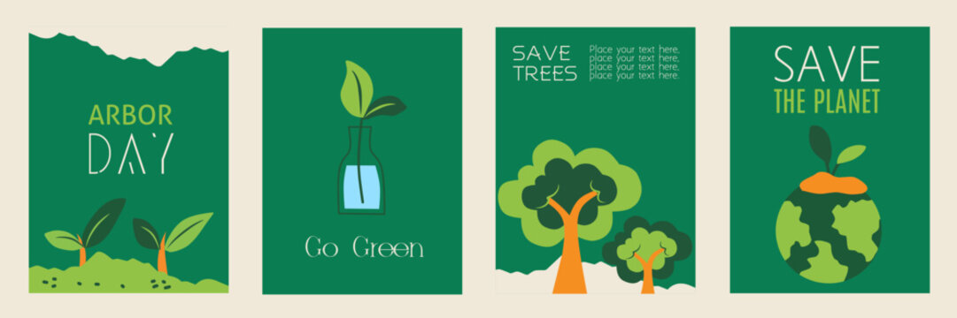 Set of Arbor Day template. Save trees illustration vector graphic with tree, leaves, earth, planet. Symbols of gardening on green background. Flat editable collection for poster, banner and cover.