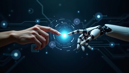 A human hand and a robotic arm reaching toward each other, symbolizing the intersection of technology and humanity, with glowing futuristic elements