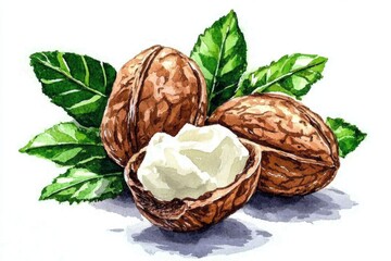 Artistic rendering of natural skincare ingredients: shea nuts and green foliage.