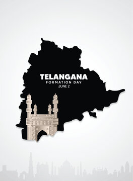 Telangana formation day 2 June landmark on map vector poster