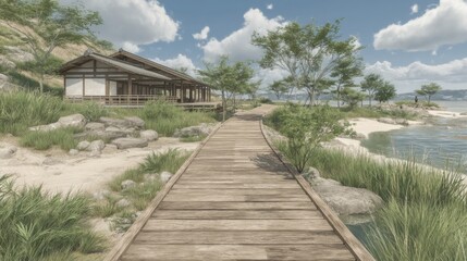 Serene Coastal Japanese House and Wooden Walkway