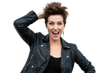 Excited Young Woman with Short Spiky Hairlight Brown, Wearing a Black Leather Jacket, Expressing Joy and Playfulness Against a Black Background