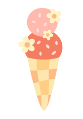 Retro groovy ice cream, cute cartoon seasonal sweet food. Summer hand drawn vector illustration in flat style