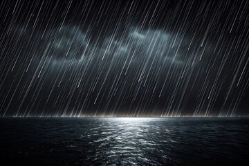 Dramatic scene of a stormy night over the ocean with rain and reflective water