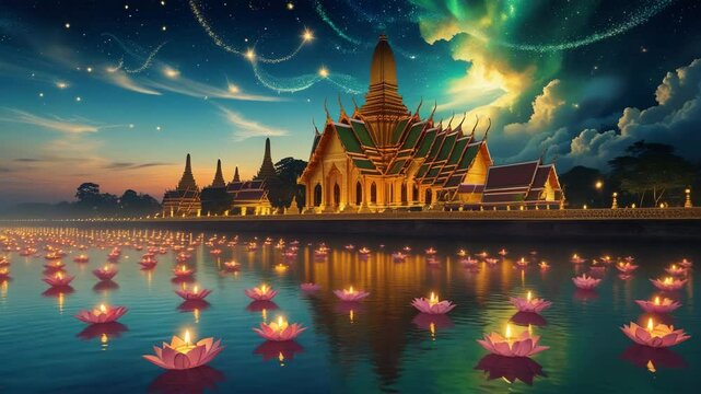 Loy krathong festival in thailand , there are beautiful thai temple background, 4K video.