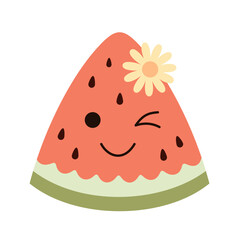 Retro groovy watermelon, cute cartoon seasonal fruit. Fruit character, summer hand drawn vector illustration in flat style