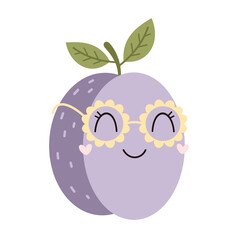 Retro groovy plum, cute cartoon seasonal fruit. Fruit character, summer hand drawn vector illustration in flat style