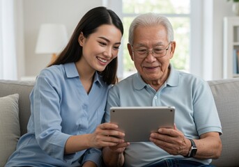 Fototapeta premium Young woman helping senior man with tablet device on sofa in living room home