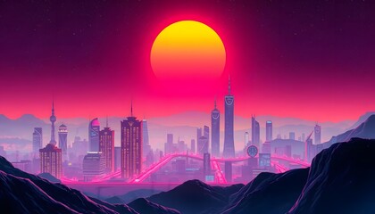 Retro background landscape 1980s style. Retro 80s sci-fi background city landscape. Futuristic background retro wave. Retro futuristic synth wave retro wave 80s styled night cityscape with a big sunse