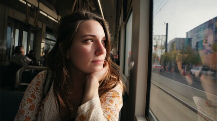 Pensive young woman, happily gazing out the window during her morning commute on an urban light rail