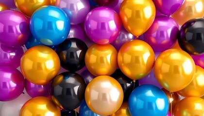 Realistic glossy golden, purple, black, and white balloons on a background. Balloons for birthdays, festive occasions, parties, and weddings. Celebration background with golden and blue balloons