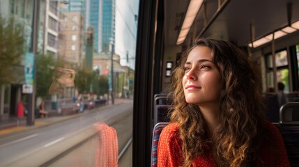 Pensive young woman, happily gazing out the window during her morning commute on an urban light rail