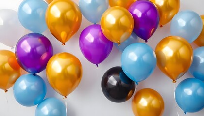 Realistic glossy golden, purple, black, and white balloons on a background. Balloons for birthdays, festive occasions, parties, and weddings. Celebration background with golden and blue balloons