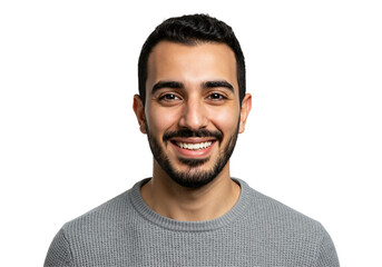 Fototapeta premium Portrait of a Smiling Middle-Eastern Male in His Late Twenties with Beard, Against a Black Background Expressing Joy and Confidence
