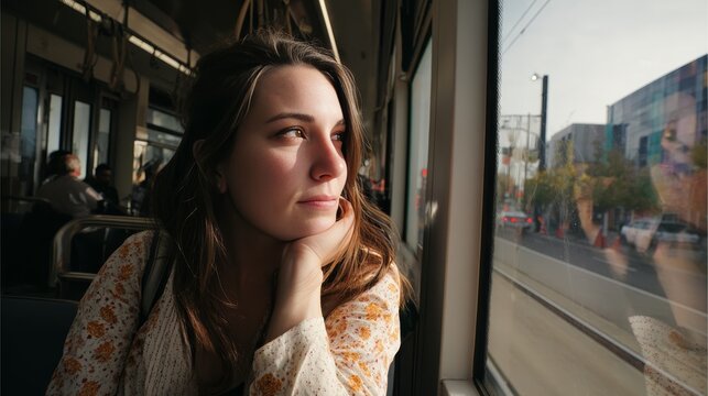 Pensive young woman, happily gazing out the window during her morning commute on an urban light rail