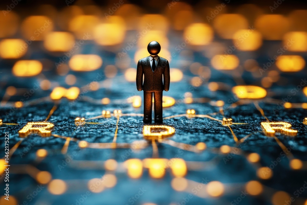 Poster business figure surrounded by glowing connections in a digital network environment with abstract nod