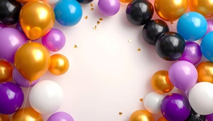 Realistic glossy golden, purple, black, and white balloons on a background. Balloons for birthdays, festive occasions, parties, and weddings. Celebration background with golden and blue balloons