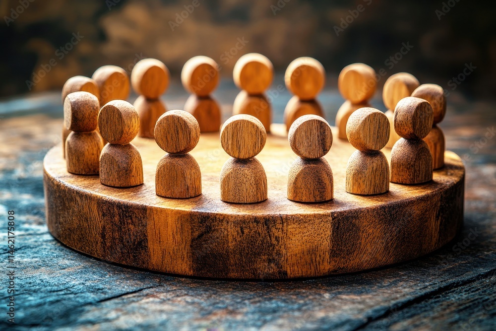 Poster wooden figures in circular arrangement symbolizing community and collaboration on rustic background