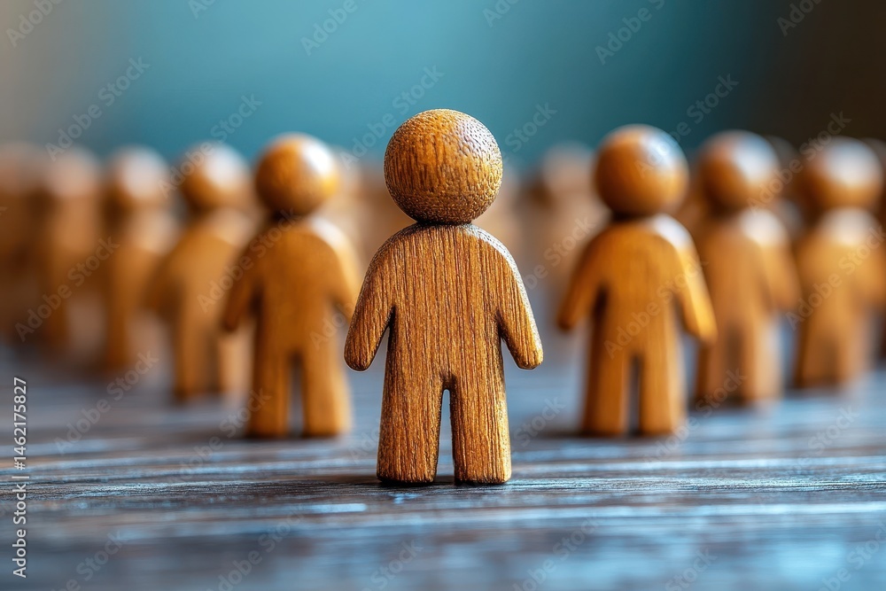 Poster wooden figurines in a crowd with one figure in focus over a soft blurred background representing ind