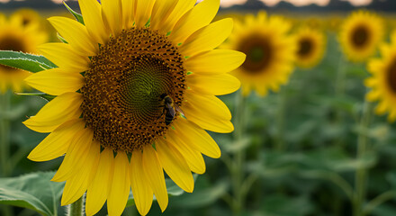 Naklejka premium Bee Pollinating Sunflower in a Field of Sunflowers