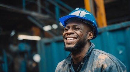 Portrait of a happy African American factory worker wearing hard hat and work, with copy space
