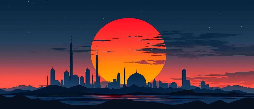 Sunset over a futuristic city skyline - Powered by Adobe