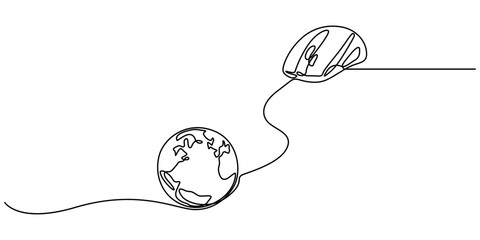 Computer mouse connected to the planet Earth, global communication icon neon glow vector illustration concept, Continuous one single line drawing Computer mouse connected to a globe icon  pro vector. 