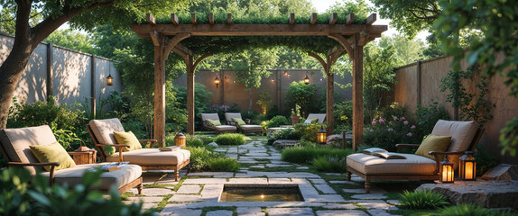 Serene outdoor oasis with lounge chairs and pergola in a peaceful garden setting