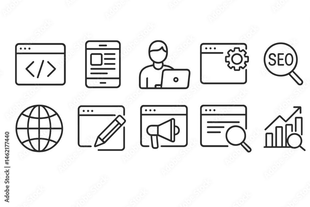 Poster vector illustration icons representing web development, seo, and digital content creation processes