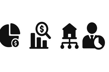 Vector illustration icons representing financial analysis, data visualization, investment analysis, and professional management in a business context