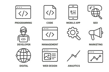 Vector illustration featuring icons related to programming, web design, analytics, and digital marketing activities for developers