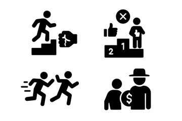 Vector illustration icons depicting various activities related to competition, achievement, and interaction in a dynamic environment